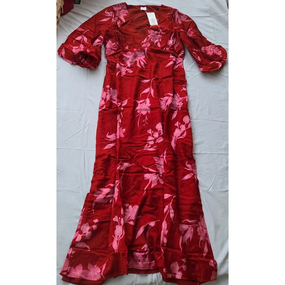 A New Day Women Red Floral V-Neck Maxi Dress Puff Sleeve Empire Waist NWT Size M